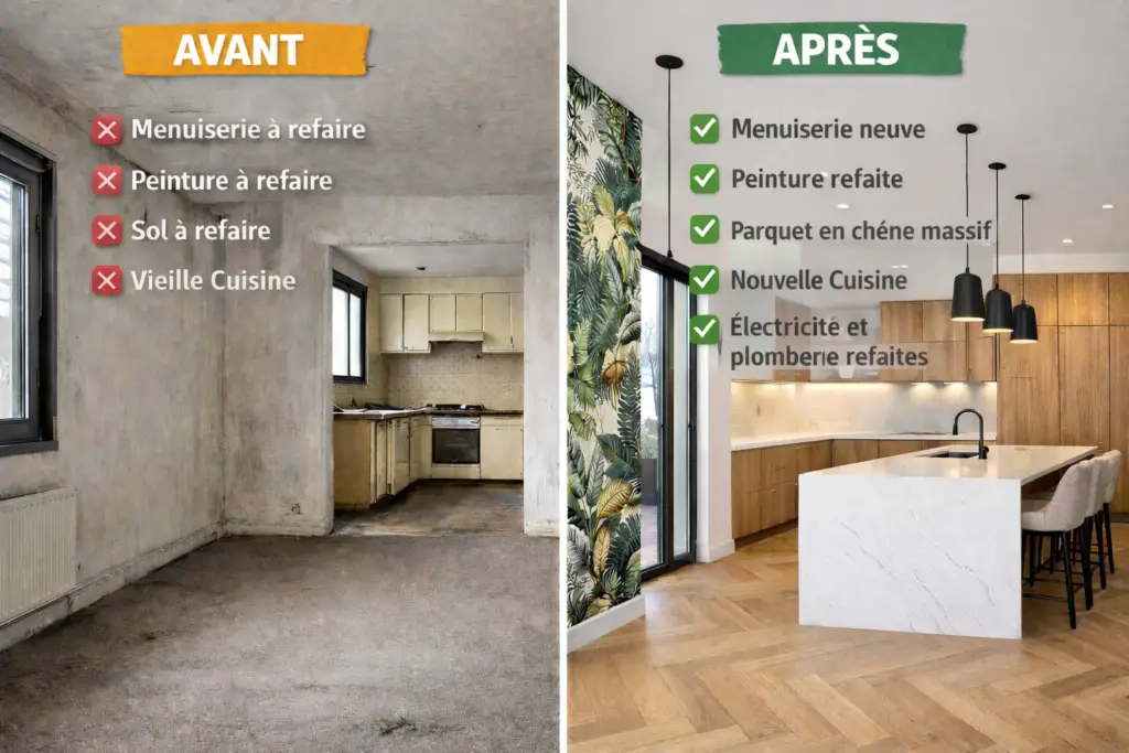 Avant et après rénovation complète d'une maison : cuisine moderne ouverte avec îlot central, parquet en chêne massif, menuiserie neuve et peinture refaite