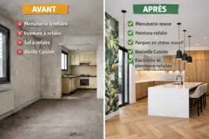 Avant et après rénovation complète d'une maison : cuisine moderne ouverte avec îlot central, parquet en chêne massif, menuiserie neuve et peinture refaite