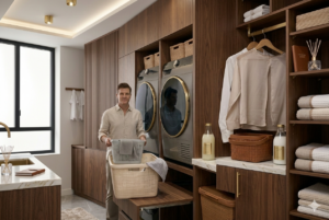 Buanderie équipée moderne avec rangements sur-mesure et lave-linge encastré